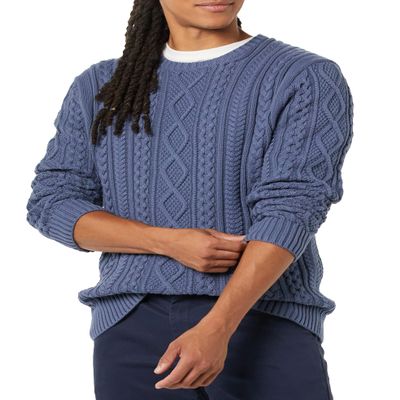 Amazon Essentials Men's Long-Sleeve 100% Cotton Fisherman Cable Crewneck Sweater, Dark Blue, Small