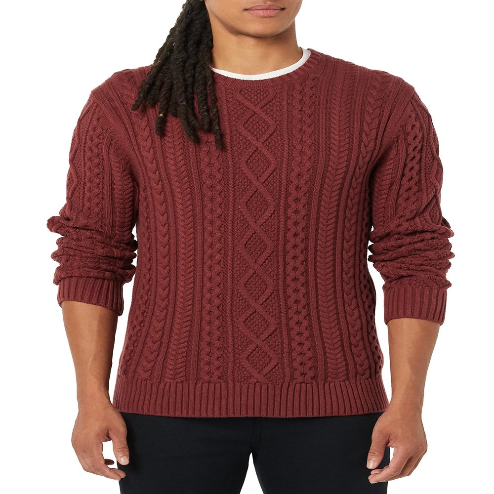 Amazon Essentials Men's Long-Sleeve 100% Cotton Fisherman Cable Crewneck Sweater, Oxblood, Large