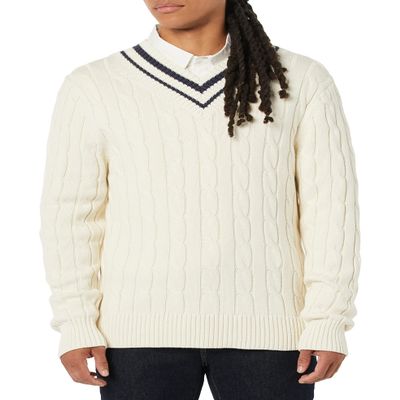 Amazon Essentials Men's Cable Knit V-Neck Sweater, Light Beige, XX-Large