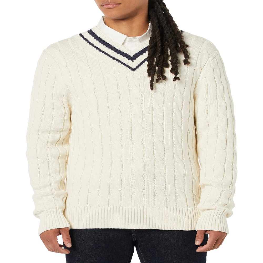 Amazon Essentials Men's Cable Knit V-Neck Sweater, Light Beige, XX-Large