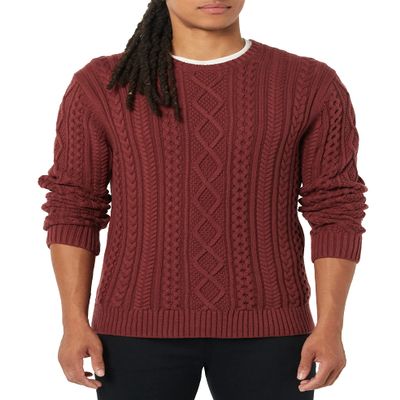 Amazon Essentials Men's Long-Sleeve 100% Cotton Fisherman Cable Crewneck Sweater, Oxblood, Medium