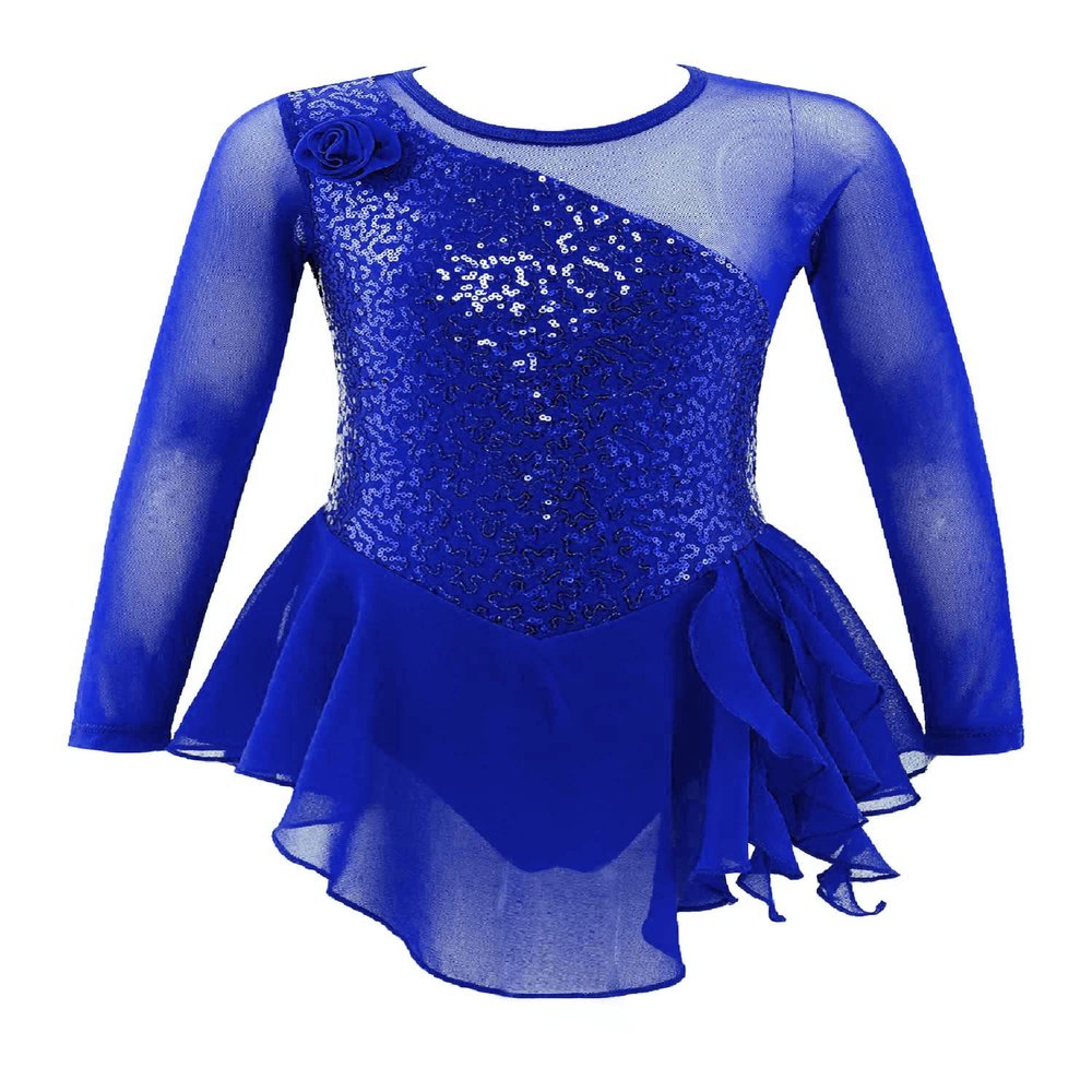 Linjinx Kids Girls Figure Ice Skating Dress Sparkly Sequins Floral Long Sleeve Ballet Dance Dress Gymnastic Tutu Leotard Royal Blue 10 Years