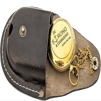 Brass Engraved Pocket Compass with Leather Case | Be Strong and Courageous Engraved Compass Gift Compass, Push Button 5 cm Pocket, Confirmation Gift Ideas, Baptism