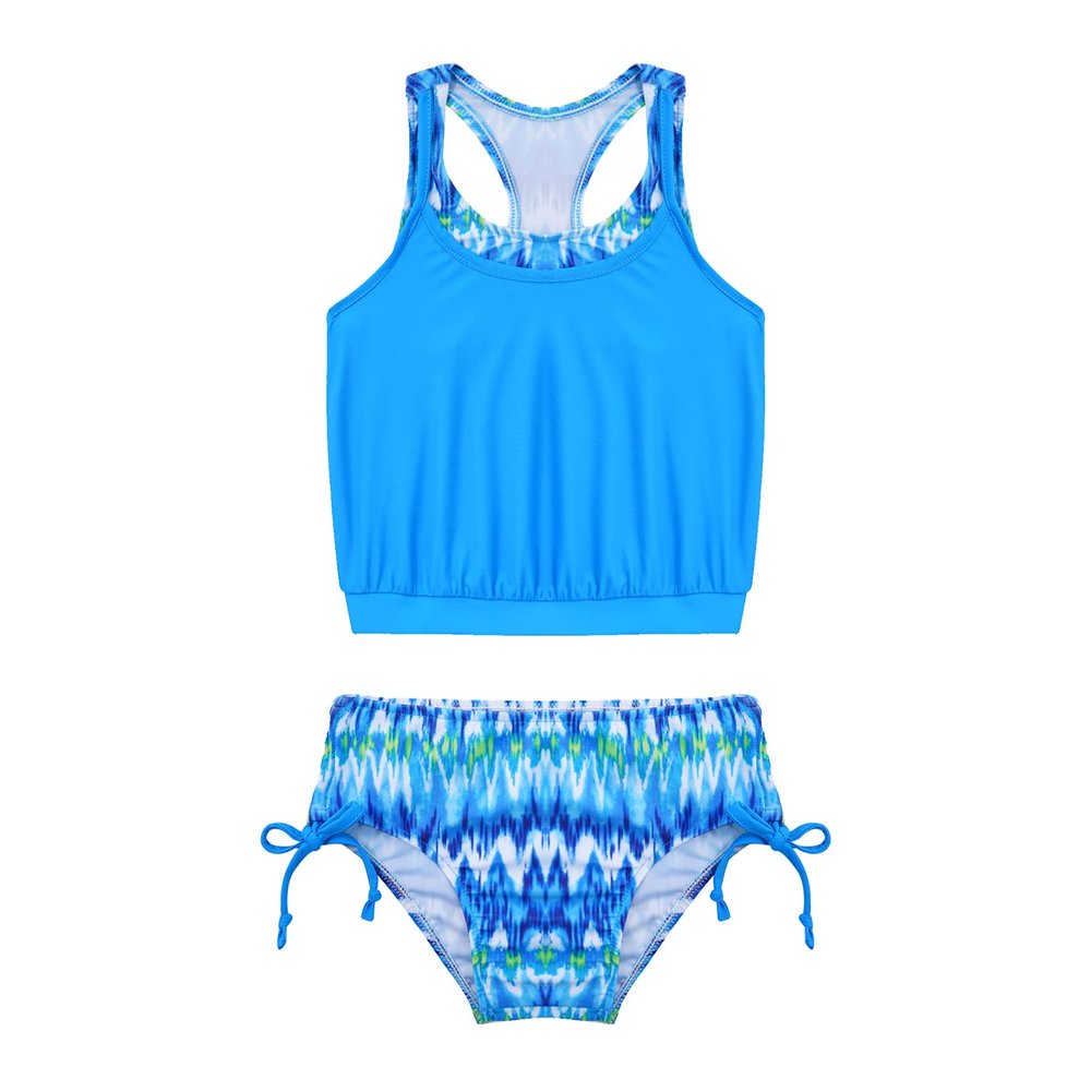 CHICTRY Big Girls Floral Splice 2 Pcs Tankini Racer Swim Top+Tie Brief Bathing Suit Beachwear Blue 6 Years