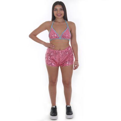 HPO Femme Perfectly Pink Sequin Bralette and Shorts Set with Baby Blue Detail - High Waisted Sequin Shorts with Matching Top - Perfect for your Next Festival or Rave! (Small)