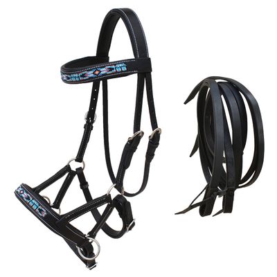 CHALLENGER Horse Western Black Leather Beaded Bitless Padded Sidepull Bridle w/Reins 77RS14BK