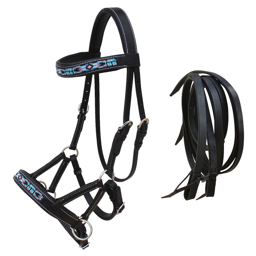 CHALLENGER Horse Western Black Leather Beaded Bitless Padded Sidepull Bridle w/Reins 77RS14BK