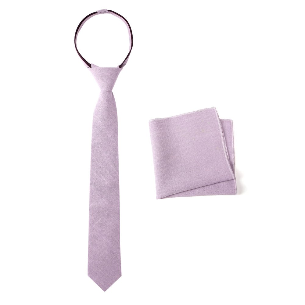 Spring Notion Boys' Linen Blend Zipper Necktie and Pocket Square Set, Dusty Lavender Large