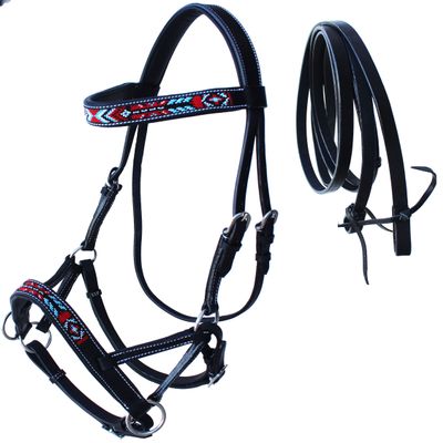 CHALLENGER Horse Western Black Leather Beaded Bitless Padded Sidepull Bridle Reins 77RS17BK