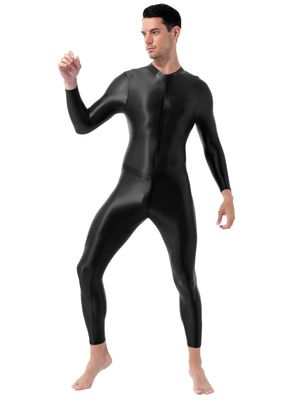Hedmy Men's Shiny Oil Glossy Full Body Jumpsuit Catsuit One Piece Stretch Front Zipper Bodysuit Black One Size