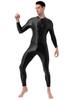 Hedmy Men's Shiny Oil Glossy Full Body Jumpsuit Catsuit One Piece Stretch Front Zipper Bodysuit Black One Size view 1