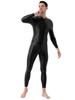 Hedmy Men's Shiny Oil Glossy Full Body Jumpsuit Catsuit One Piece Stretch Front Zipper Bodysuit Black One Size view 2
