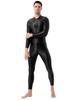 Hedmy Men's Shiny Oil Glossy Full Body Jumpsuit Catsuit One Piece Stretch Front Zipper Bodysuit Black One Size view 4