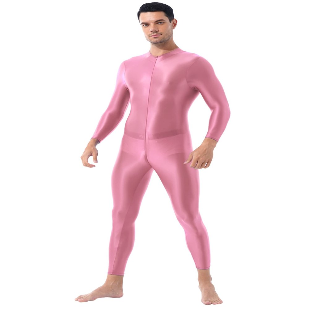 Freebily Men's One Piece Long Sleeves Slim Fitted Ankle Length Double-Ended Zipper Leotard Bodysuit Pink One Size