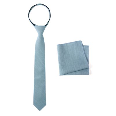 Spring Notion Boys' Linen Blend Zipper Necktie and Pocket Square Set, Steel Blue Medium