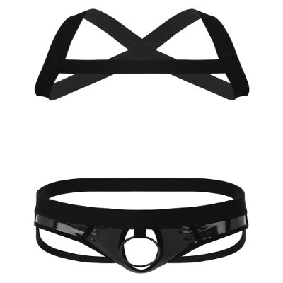 YONGHS Mens Half Body Chest Harness Jockstrap Nylon Lingerie Set with Metal O Ring Garters Underwear 2# Black Medium