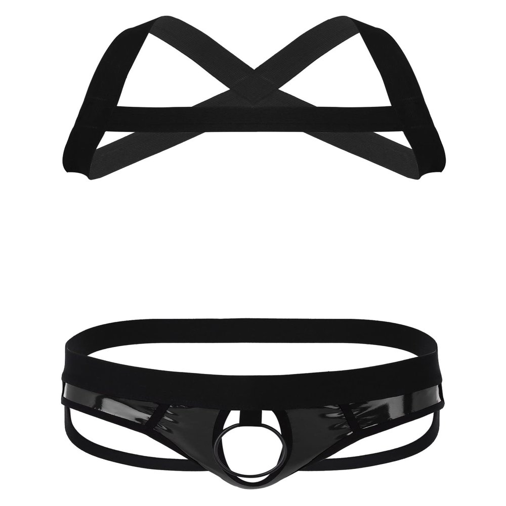 YONGHS Mens Half Body Chest Harness Jockstrap Nylon Lingerie Set with Metal O Ring Garters Underwear 2# Black Medium