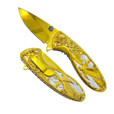 Falcon 8 Inch American Eagle Engraved Folding Pocket Knife Stainless Steel Blade, Frost Woods & Mountains Design, Manual opening Open with Pocket Clip (Gold)
