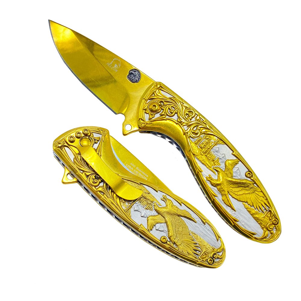 Falcon 8 Inch American Eagle Engraved Folding Pocket Knife Stainless Steel Blade, Frost Woods & Mountains Design, Manual opening Open with Pocket Clip (Gold)