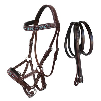 CHALLENGER Horse Western Leather Training Tack Bitless Sidepull Beaded Bridle Reins 77RS12BR