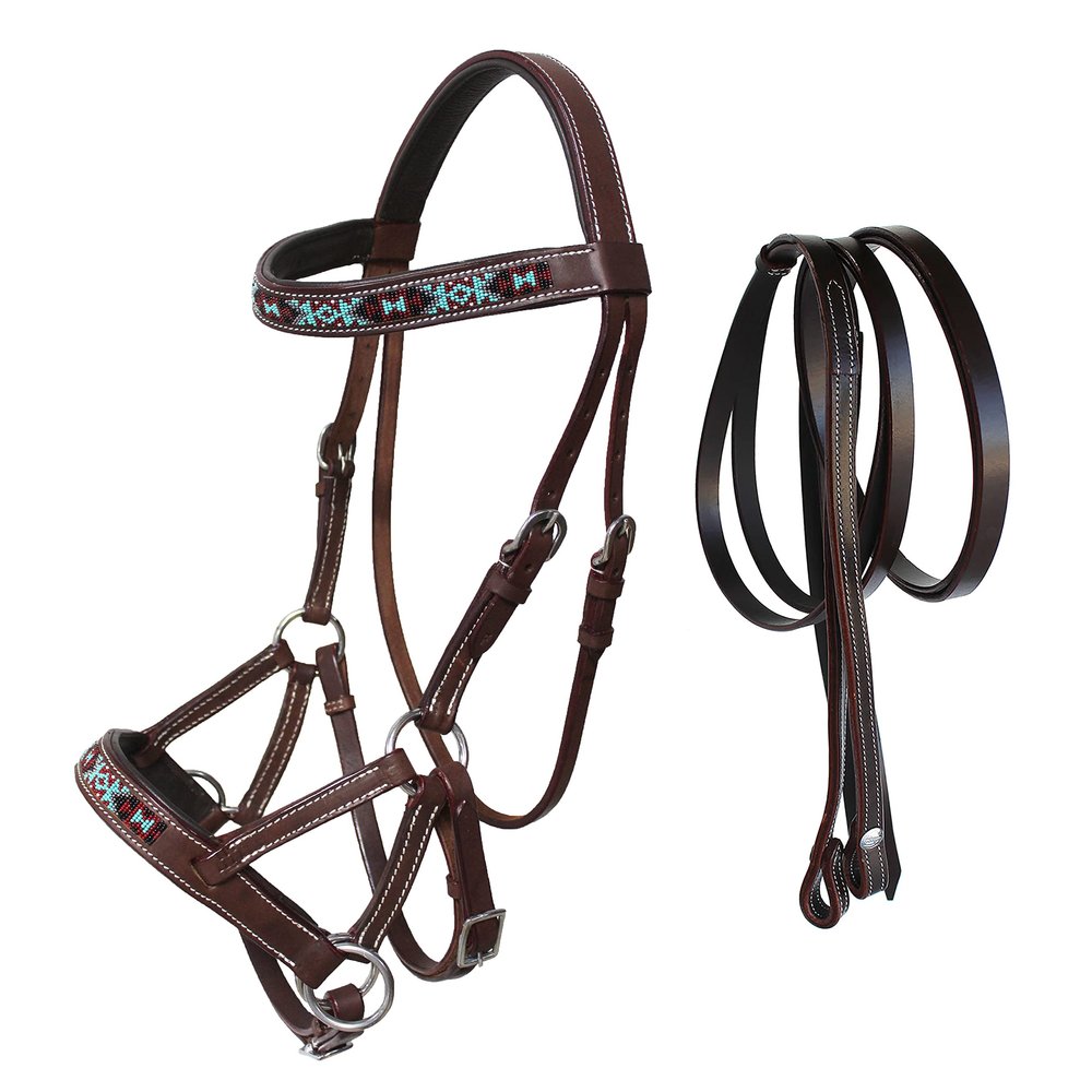 CHALLENGER Horse Western Leather Training Tack Bitless Sidepull Beaded Bridle Reins 77RS12BR