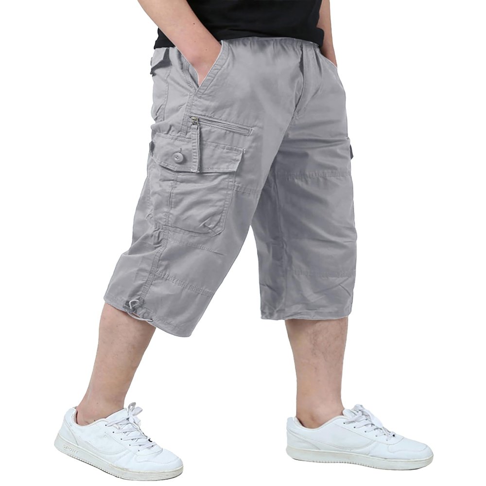 EKLENTSON Mens Long Shorts Elastic Waist Work Cargo Shorts Men Outwear Camping Fishing Hiking Shorts for Men, Light Gray, 34