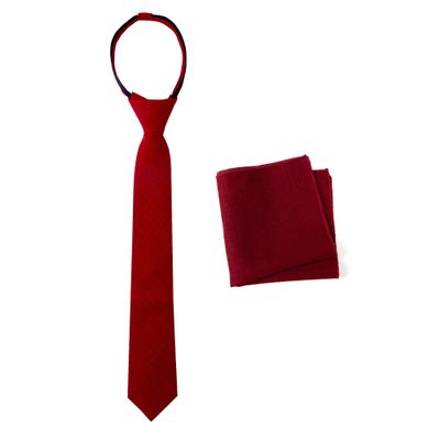 Spring Notion Boys' Linen Blend Zipper Necktie and Pocket Square Set, Burgundy Small
