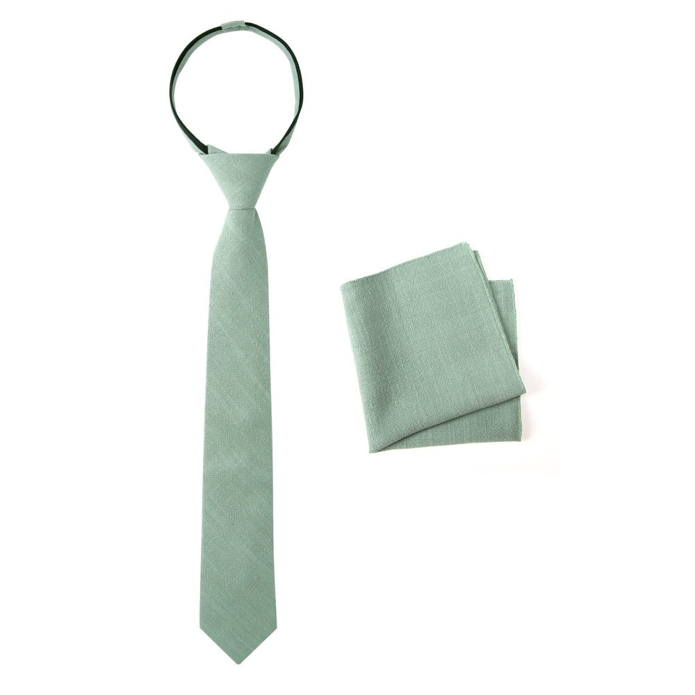 Spring Notion Boys' Linen Blend Zipper Necktie and Pocket Square Set, Sage Large