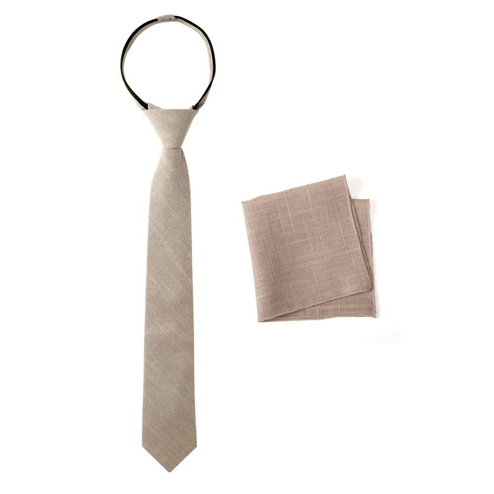 Spring Notion Boys' Linen Blend Zipper Necktie and Pocket Square Set, Tan Large
