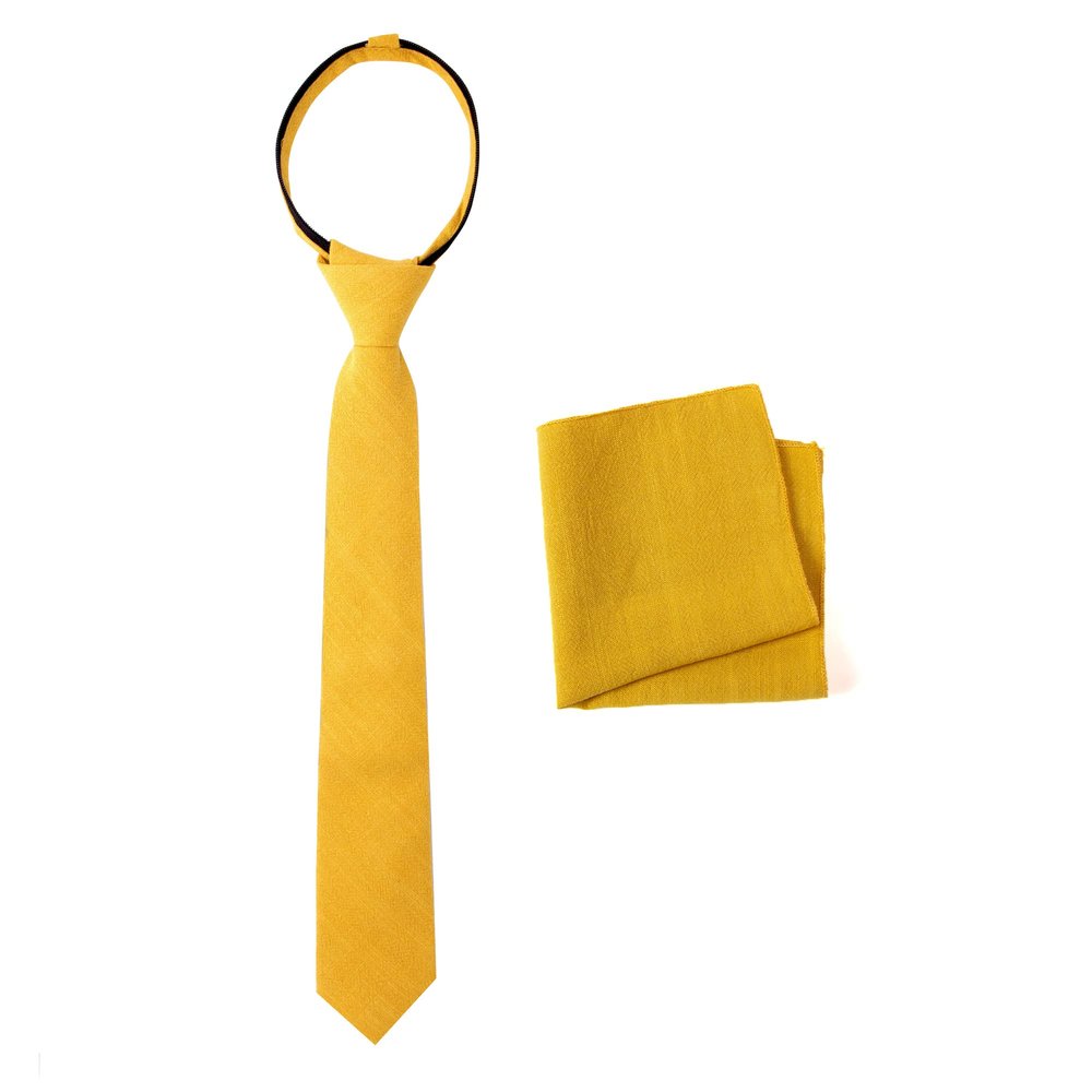 Spring Notion Boys' Linen Blend Zipper Necktie and Pocket Square Set, Mustard Medium