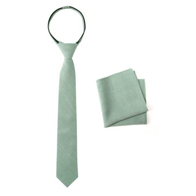 Spring Notion Boys' Linen Blend Zipper Necktie and Pocket Square Set, Sage Medium