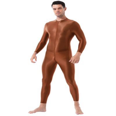 Hedmy Men's Shiny Oil Glossy Full Body Jumpsuit Catsuit One Piece Stretch Front Zipper Bodysuit Coffee One Size