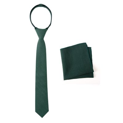 Spring Notion Boys' Linen Blend Zipper Necktie and Pocket Square Set, Forest Green Small