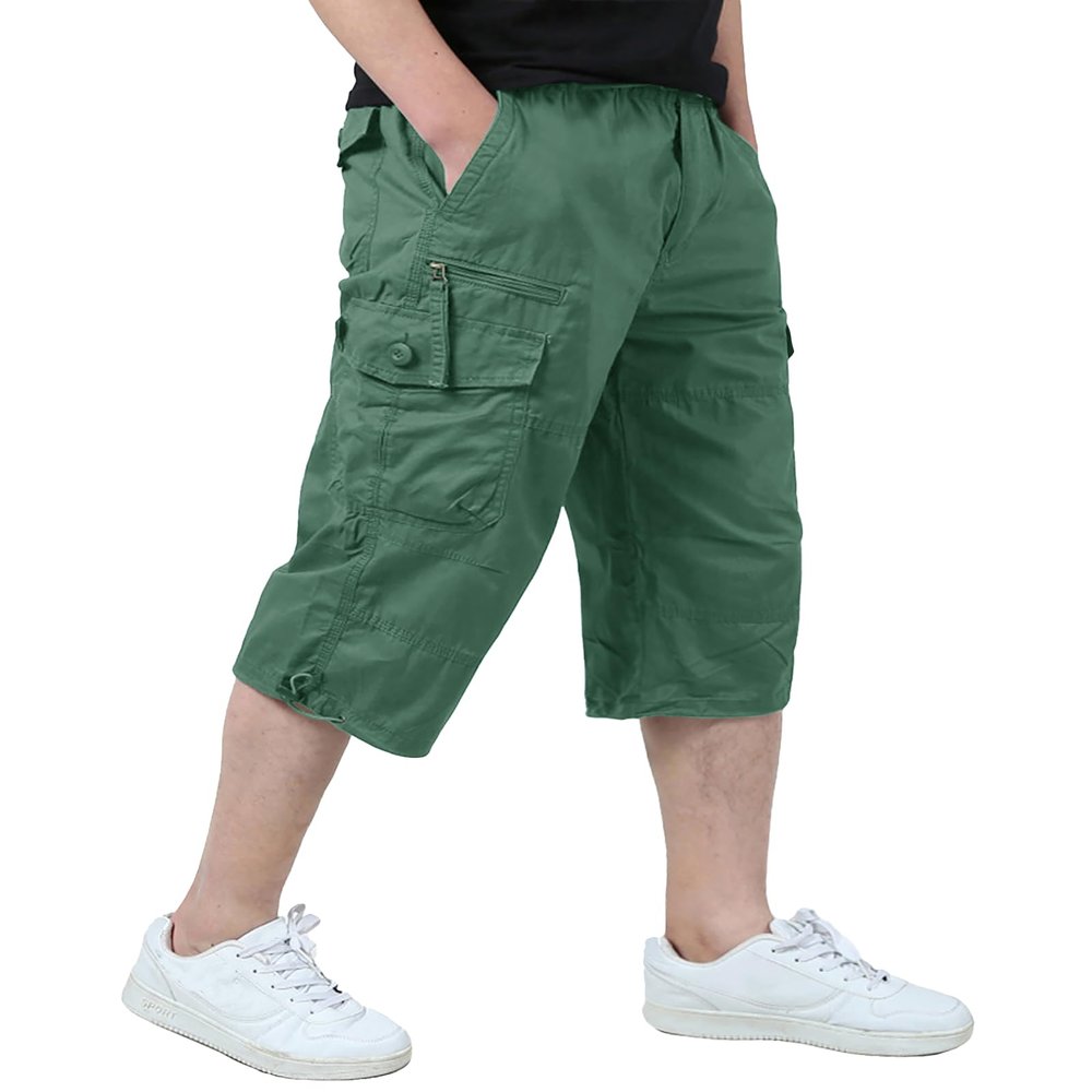 EKLENTSON Men's Shorts Pockets Relaxed Fit Stretch Waist Cargo Work Utility Shorts for Men Casual Capris for Men, Pea Green, 32