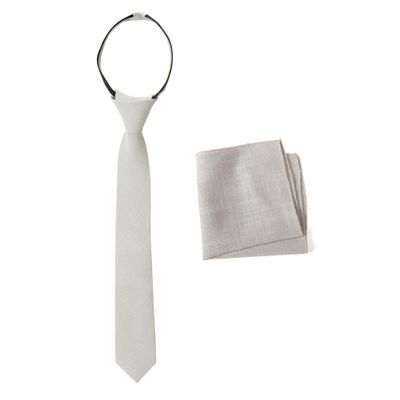 Spring Notion Boys' Linen Blend Zipper Necktie and Pocket Square Set, Grey Medium