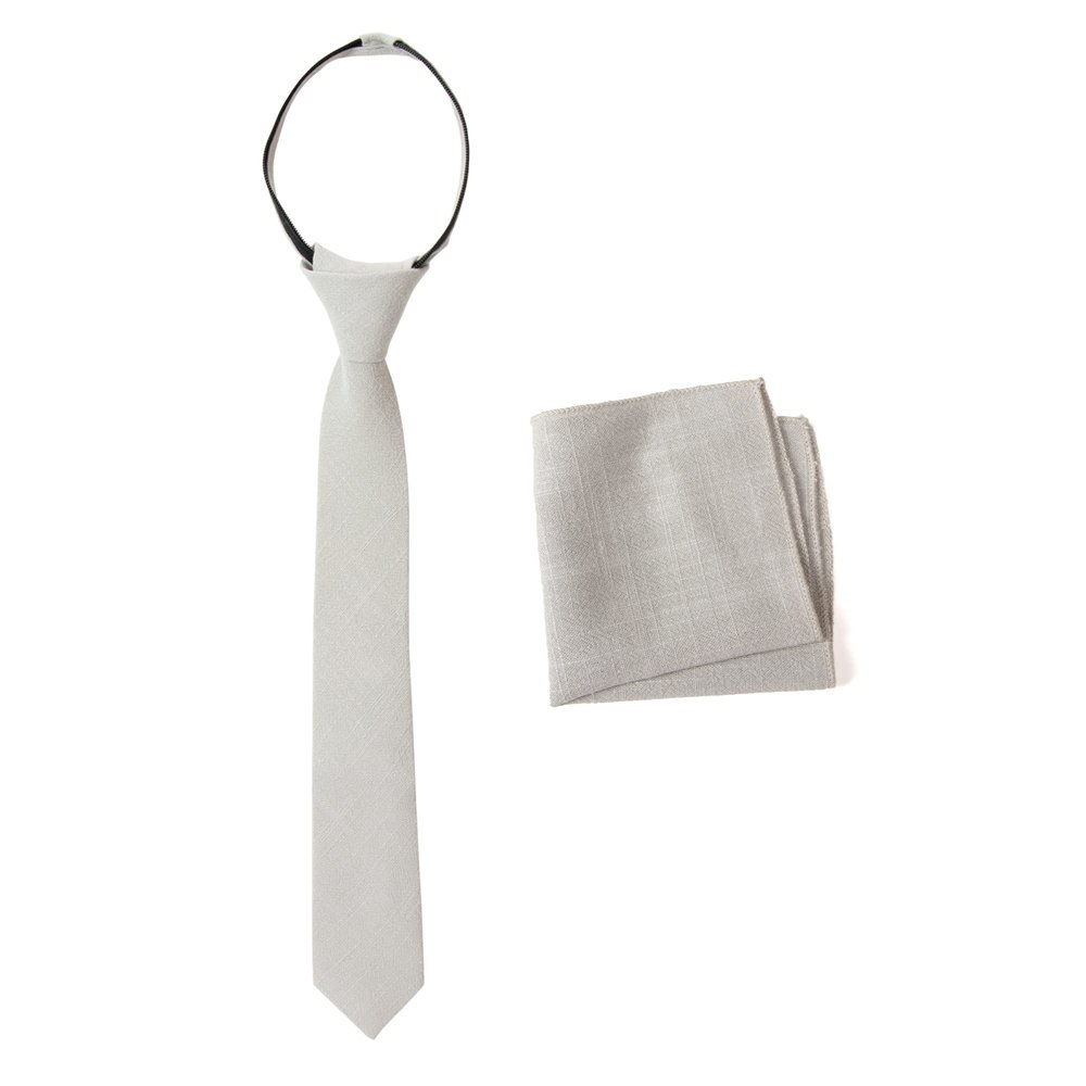 Spring Notion Boys' Linen Blend Zipper Necktie and Pocket Square Set, Grey Medium