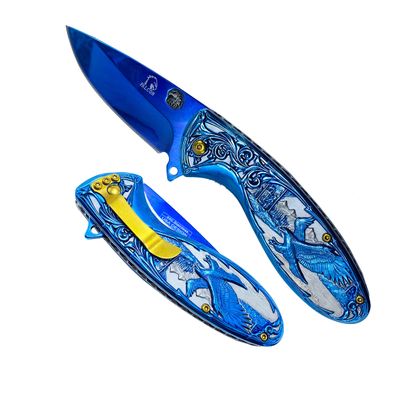 Falcon 8" American Eagle Frost Woods Mountains Engraved Stainless Steel Folding Pocket Knife With Pocket Clip (Blue)