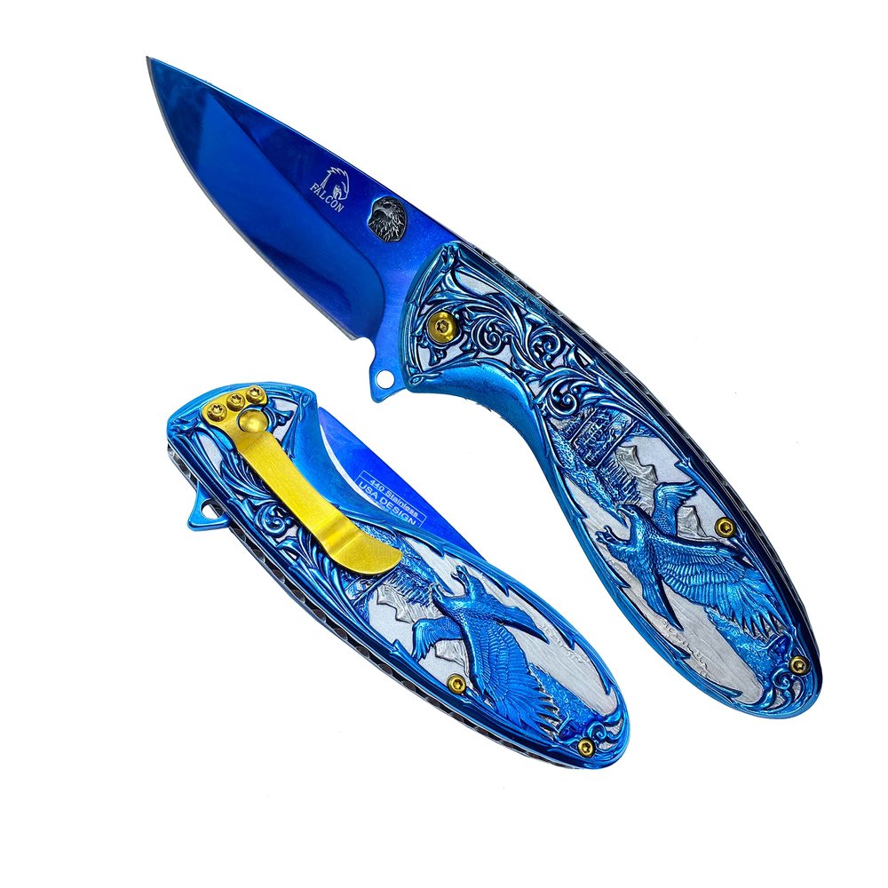 Falcon 8" American Eagle Frost Woods Mountains Engraved Stainless Steel Folding Pocket Knife With Pocket Clip (Blue)