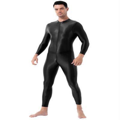 Freebily Men's One Piece Long Sleeves Slim Fitted Ankle Length Double-Ended Zipper Leotard Bodysuit Black One Size