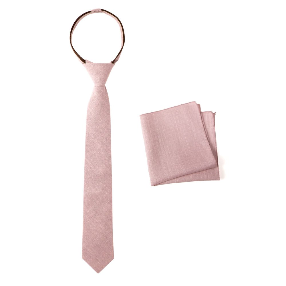 Spring Notion Boys' Linen Blend Zipper Necktie and Pocket Square Set, Rose Small