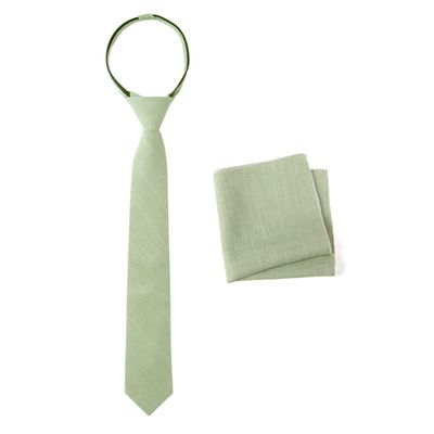 Spring Notion Boys' Linen Blend Zipper Necktie and Pocket Square Set, Green Tea Large