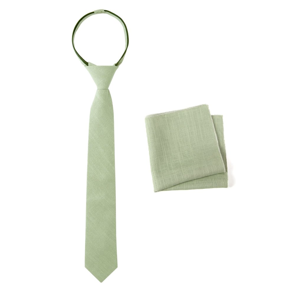Spring Notion Boys' Linen Blend Zipper Necktie and Pocket Square Set, Green Tea Large