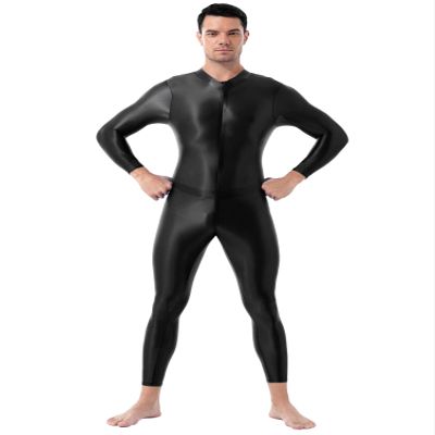 Moily Mens Glossy Bodysuit Long Sleeve Zipper Full Body Jumpsuit Nylon Stretch Tight Pantyhoses Black One Size