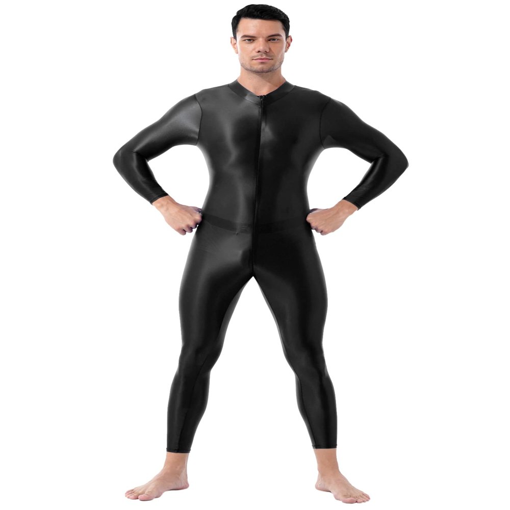 Moily Mens Glossy Bodysuit Long Sleeve Zipper Full Body Jumpsuit Nylon Stretch Tight Pantyhoses Black One Size