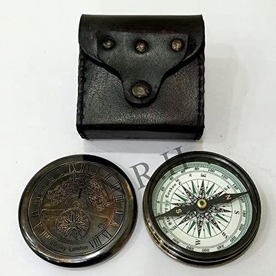 Nautical Antique Brass Flat Poem Compass with Leather Case Compass Black Finish