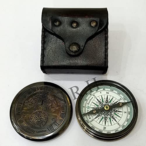 Nautical Antique Brass Flat Poem Compass with Leather Case Compass Black Finish