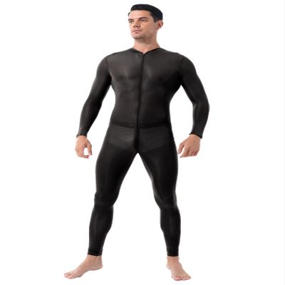 Agoky Mens See Through Wrestling Singlet Sissy Slim Fit Zipper Bodysuit Jumpsuit Romper Black Large