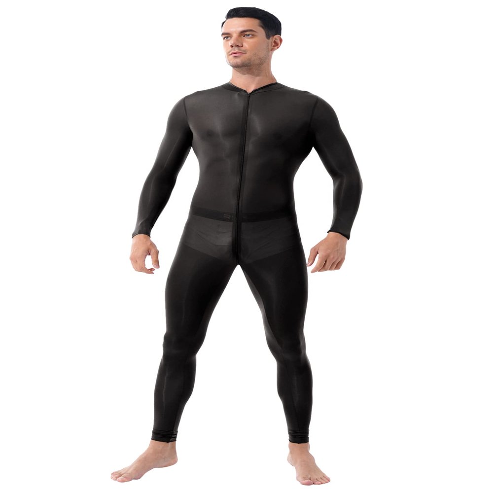 Agoky Mens See Through Wrestling Singlet Sissy Slim Fit Zipper Bodysuit Jumpsuit Romper Black Large