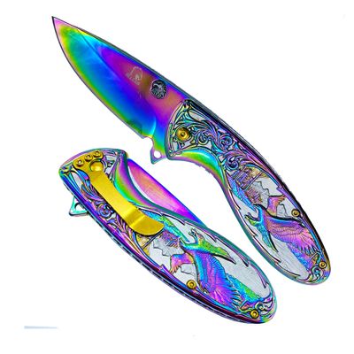 Falcon 8 Inch American Eagle Engraved Folding Pocket Knife Stainless Steel Blade, Frost Woods & Mountains Design, Manual opening Open with Pocket Clip (Rainbow)