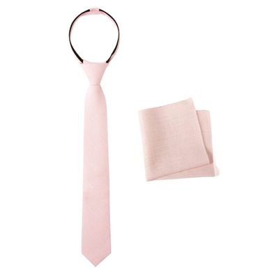 Spring Notion Boys' Linen Blend Zipper Necktie and Pocket Square Set, Blush Pink Large
